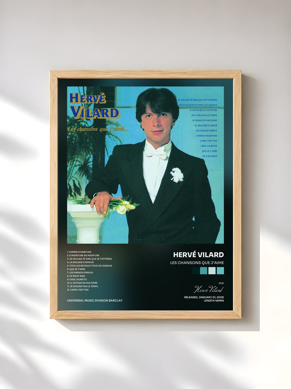 #bois Tableau de l'album Les Chansons Que J'Aime de Hervé Vilard, cadre en bois brut, imprimé et encadré en France