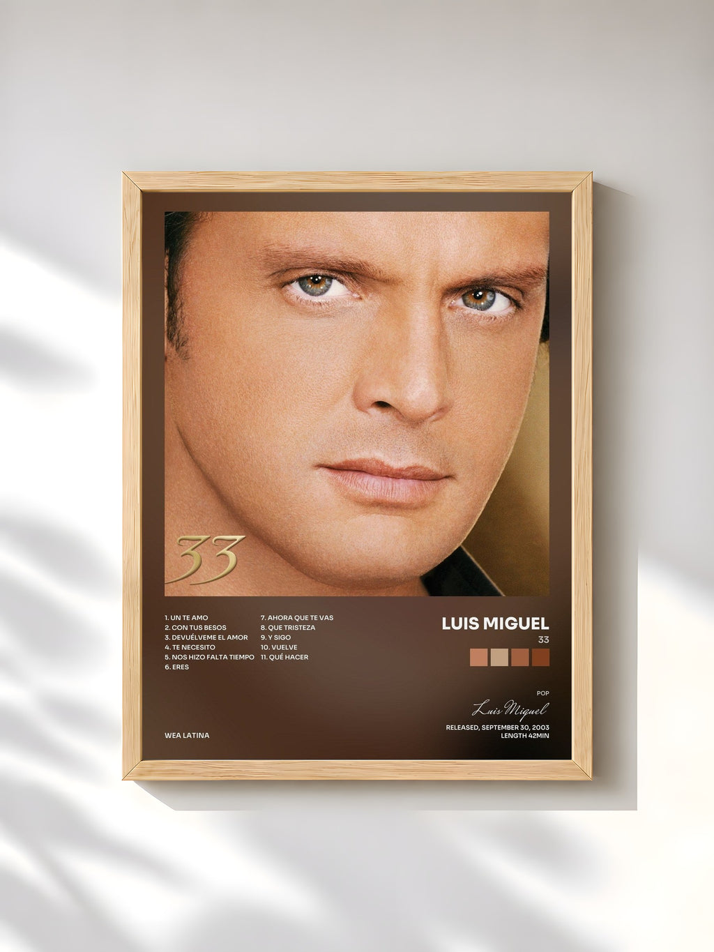 #bois Tableau de l'album 33 de Luis Miguel, cadre en bois brut, imprimé et encadré en France