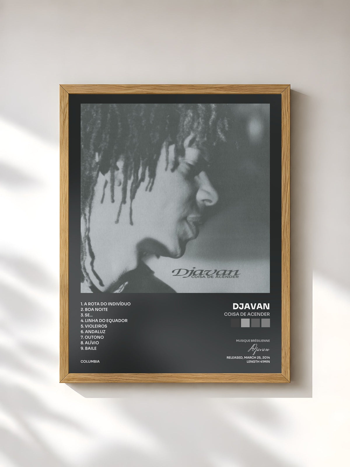 #bois Tableau de l'album Coisa de Acender de Djavan, cadre en bois brut, imprimé et encadré en France