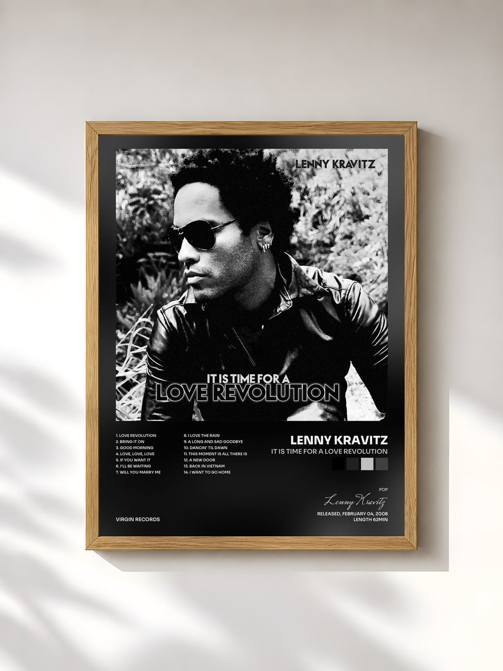 #bois Tableau de l'album It Is Time For A Love Revolution de Lenny Kravitz, cadre en bois brut, imprimé et encadré en France