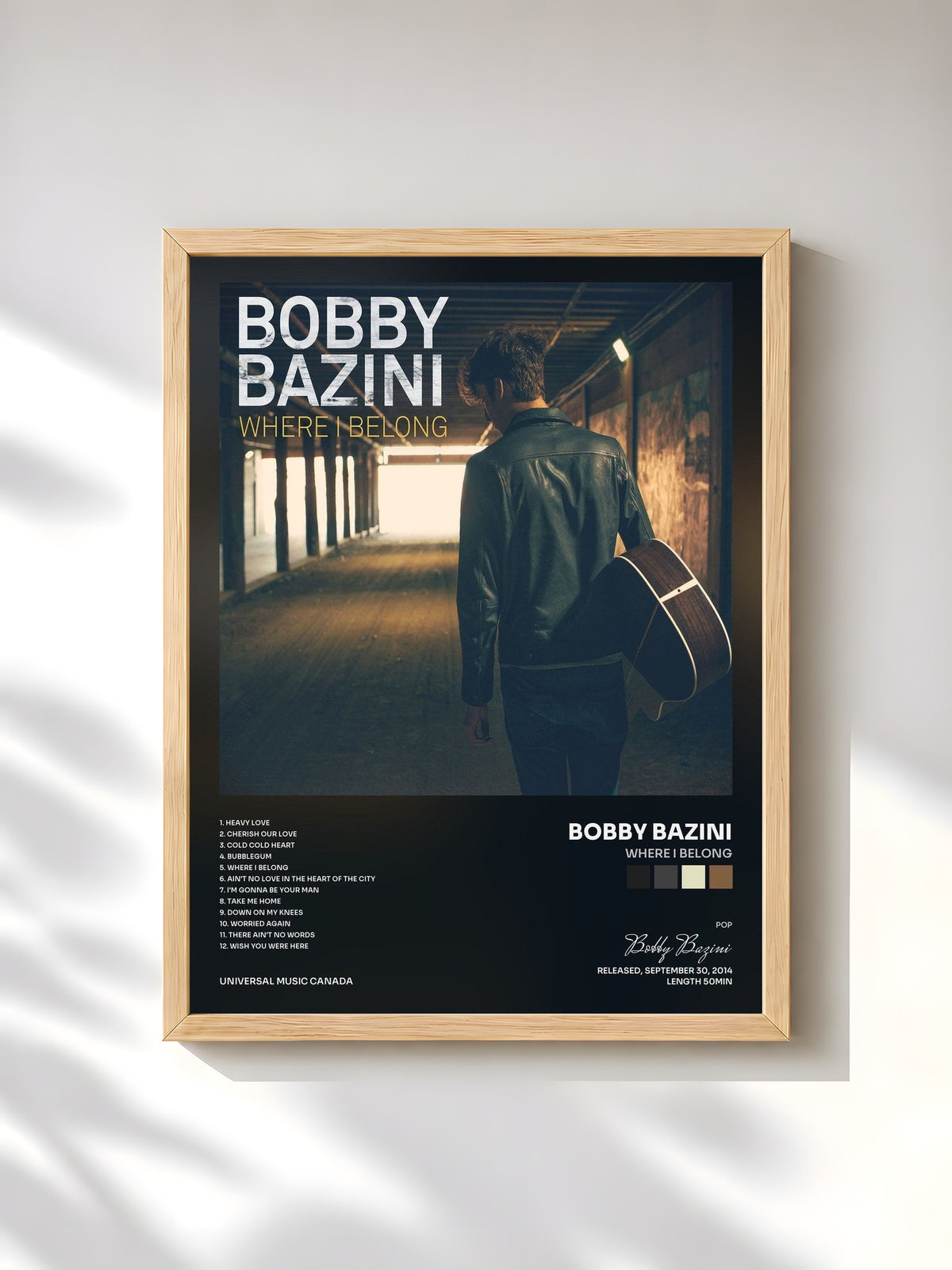 #bois Tableau de l'album Where I Belong de Bobby Bazini, cadre en bois brut, imprimé et encadré en France