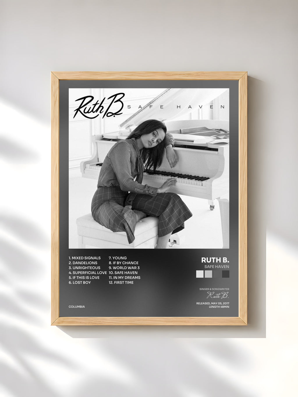 #bois Tableau de l'album Safe Haven de Ruth B., cadre en bois brut, imprimé et encadré en France