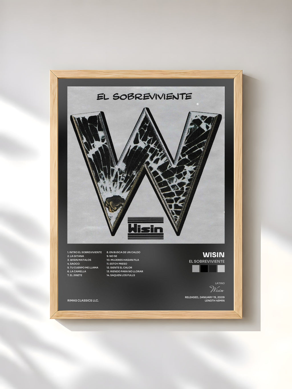 #bois Tableau de l'album El Sobreviviente de Wisin, cadre en bois brut, imprimé et encadré en France