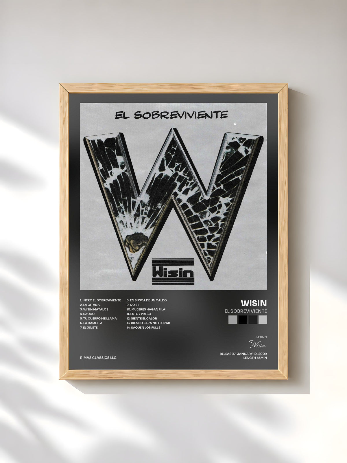 #bois Tableau de l'album El Sobreviviente de Wisin, cadre en bois brut, imprimé et encadré en France