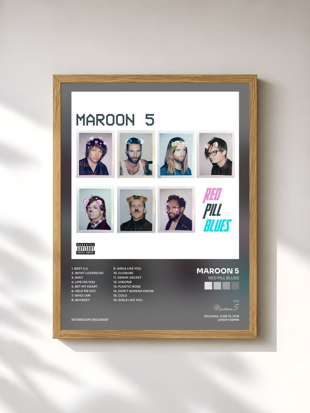 #bois Tableau de l'album Red Pill Blues de Maroon 5, cadre en bois brut, imprimé et encadré en France