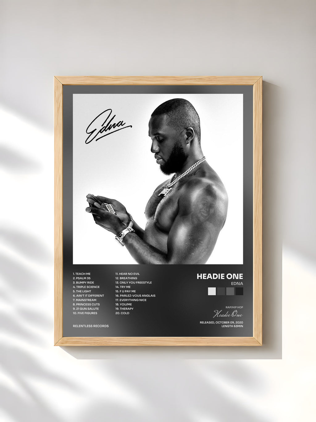 #bois Tableau de l'album EDNA de Headie One, cadre en bois brut, imprimé et encadré en France