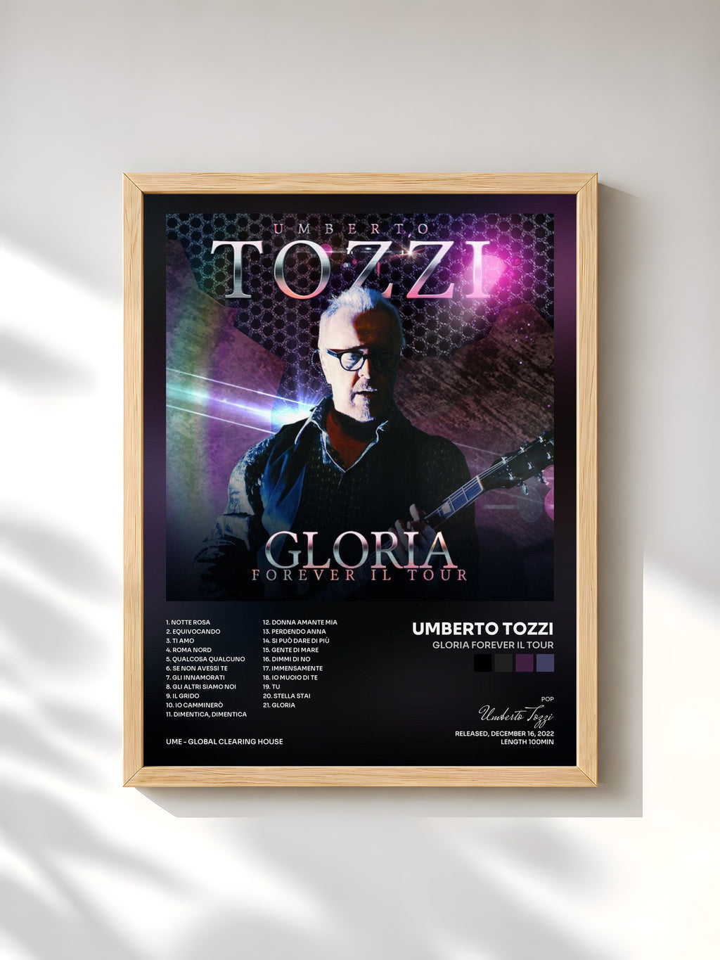 #bois Tableau de l'album GLORIA FOREVER Il Tour de Umberto Tozzi, cadre en bois brut, imprimé et encadré en France