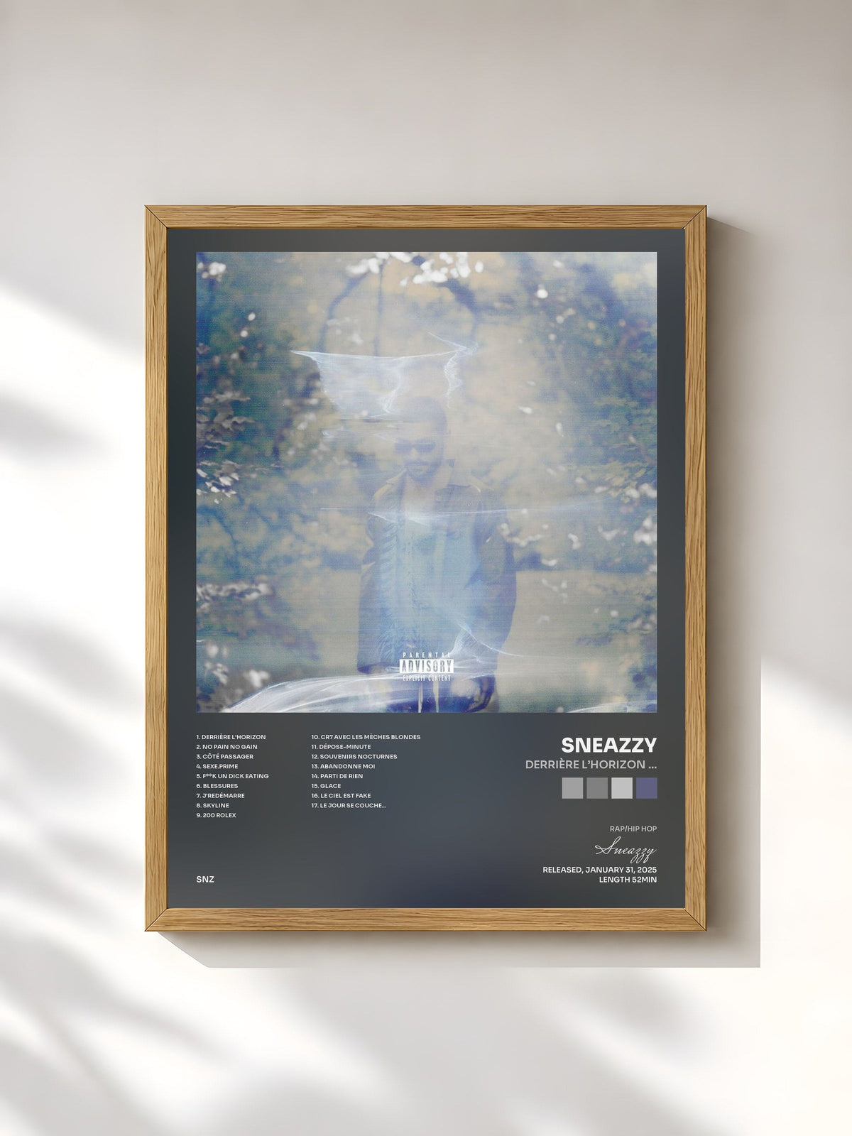 #bois Tableau de l'album DERRIÈRE L’HORIZON … de Sneazzy, cadre en bois brut, imprimé et encadré en France
