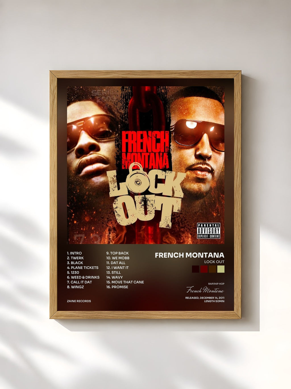 #bois Tableau de l'album Lock Out de French Montana, cadre en bois brut, imprimé et encadré en France