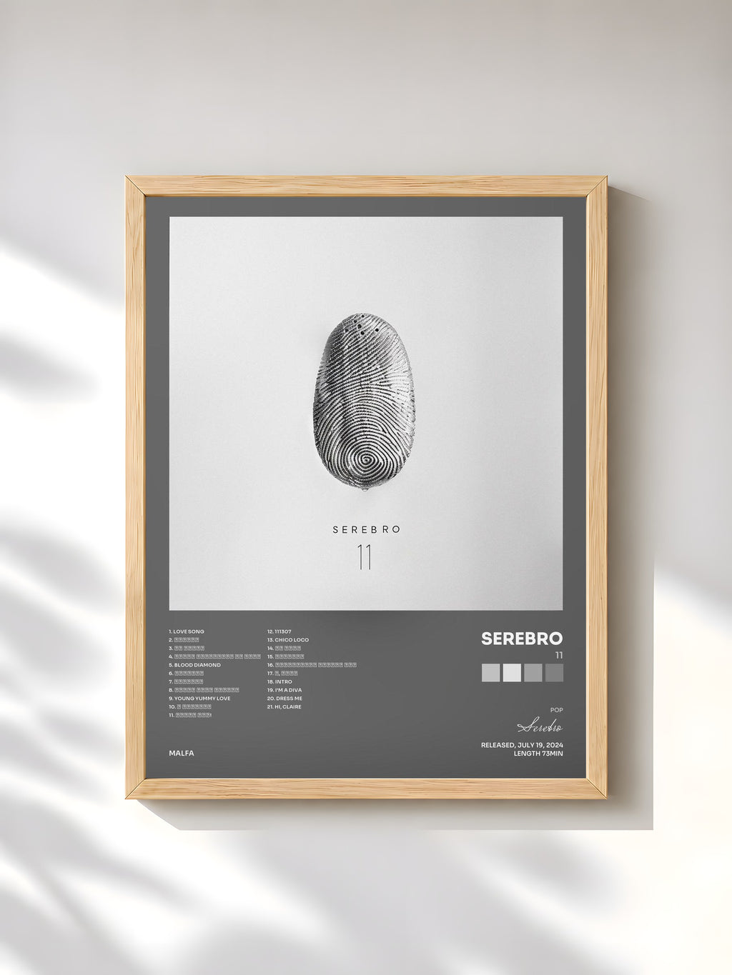 #bois Tableau de l'album 11 de Serebro, cadre en bois brut, imprimé et encadré en France