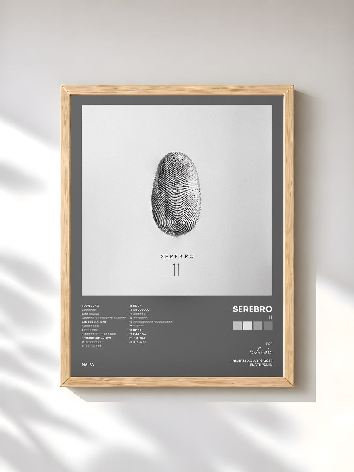 #bois Tableau de l'album 11 de Serebro, cadre en bois brut, imprimé et encadré en France
