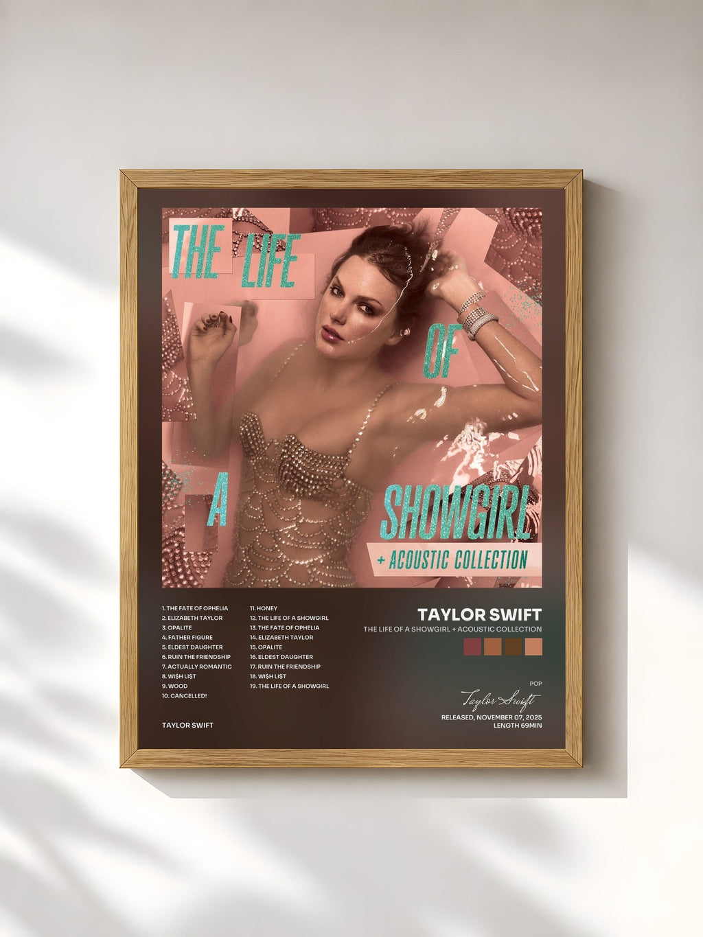 #bois Tableau de l'album The Life of a Showgirl + Acoustic Collection de Taylor Swift, cadre en bois brut, imprimé et encadré en France