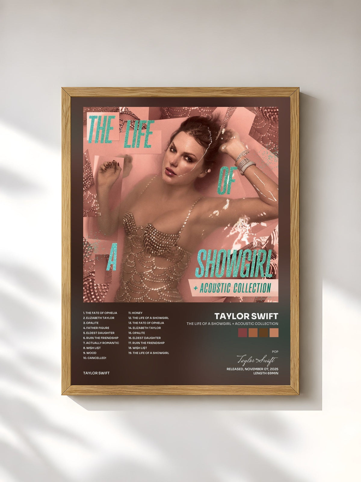 #bois Tableau de l'album The Life of a Showgirl + Acoustic Collection de Taylor Swift, cadre en bois brut, imprimé et encadré en France