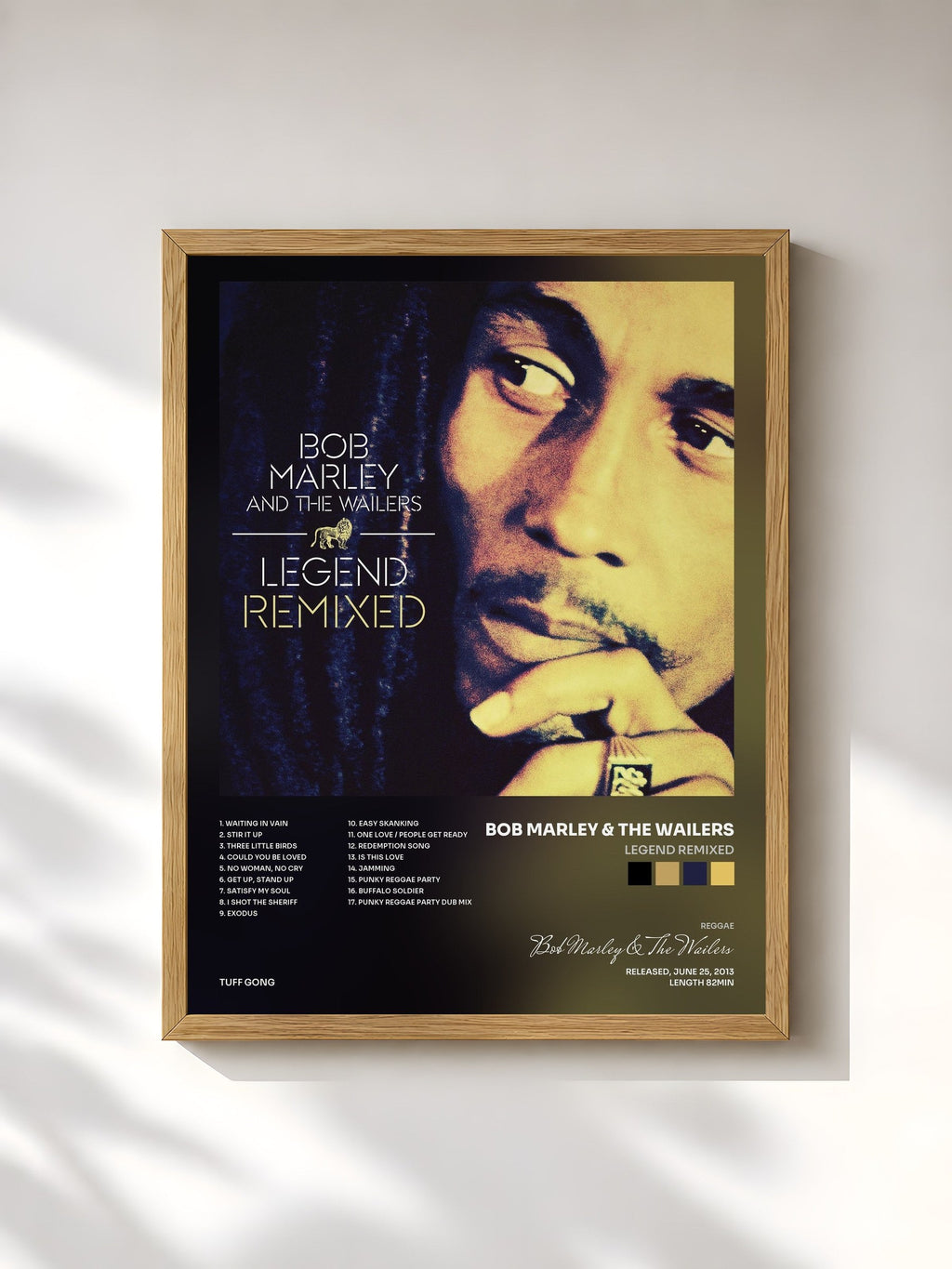 #bois Tableau de l'album Legend Remixed de Bob Marley & The Wailers, cadre en bois brut, imprimé et encadré en France