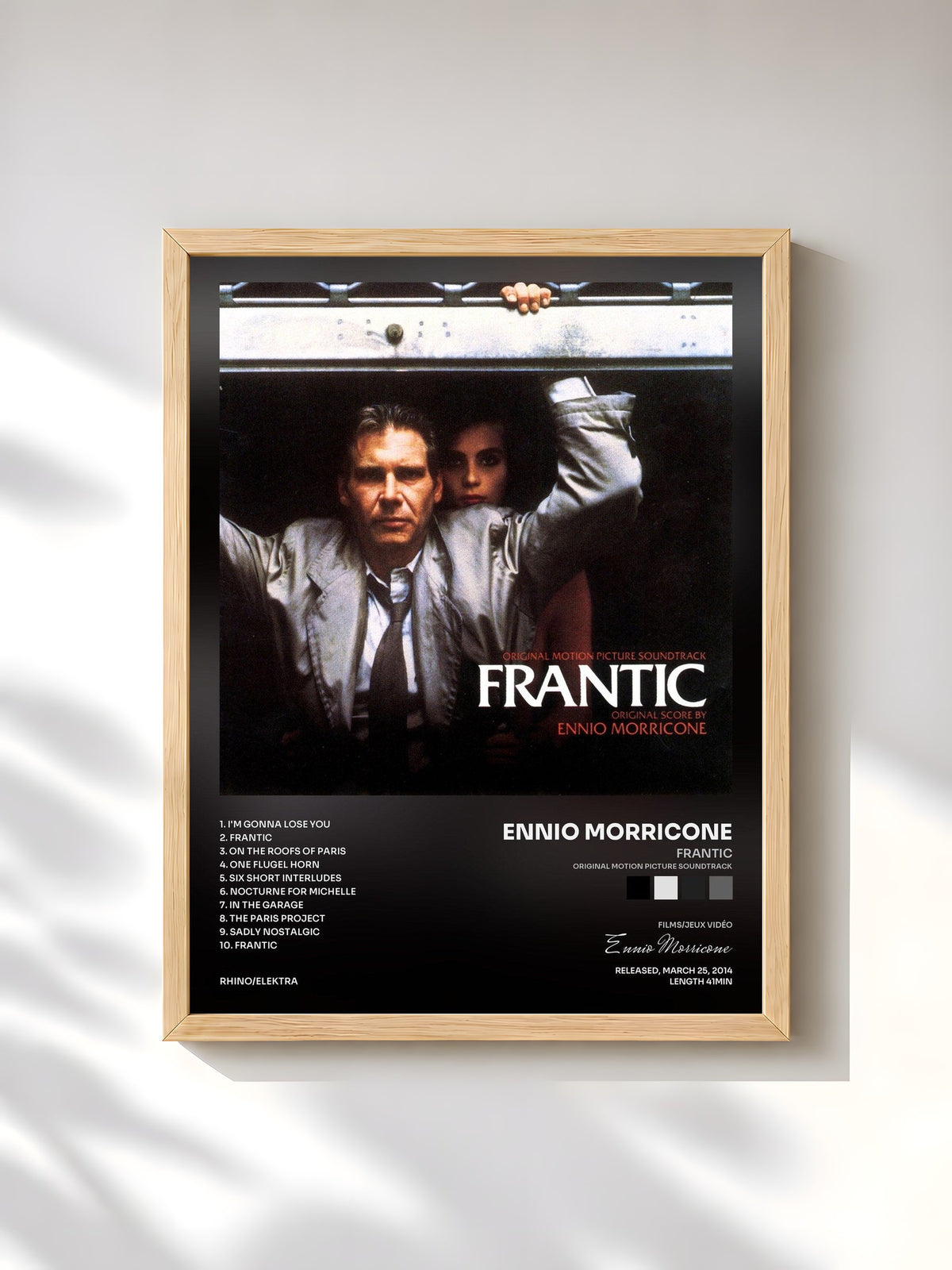 #bois Tableau de l'album Frantic (Original Motion Picture Soundtrack) de Ennio Morricone, cadre en bois brut, imprimé et encadré en France