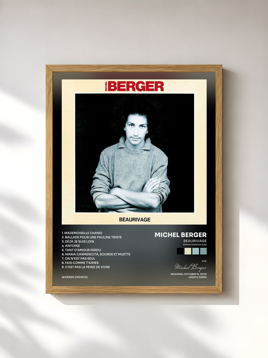 #bois Tableau de l'album Beaurivage (Remasterisé en 2002) de Michel Berger, cadre en bois brut, imprimé et encadré en France