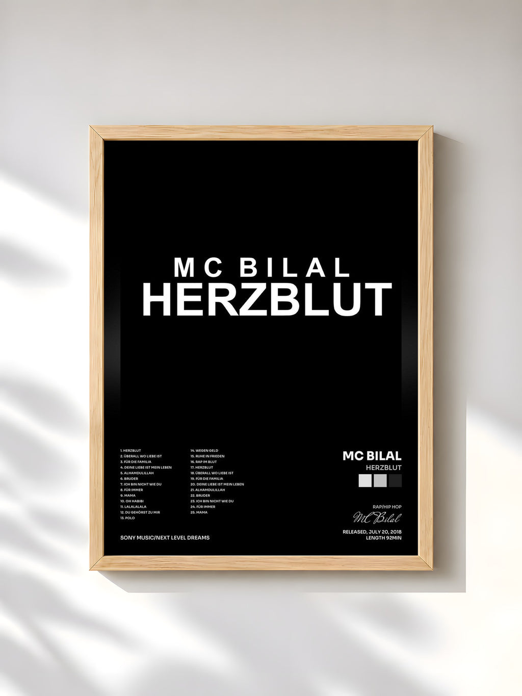 #bois Tableau de l'album Herzblut de MC Bilal, cadre en bois brut, imprimé et encadré en France