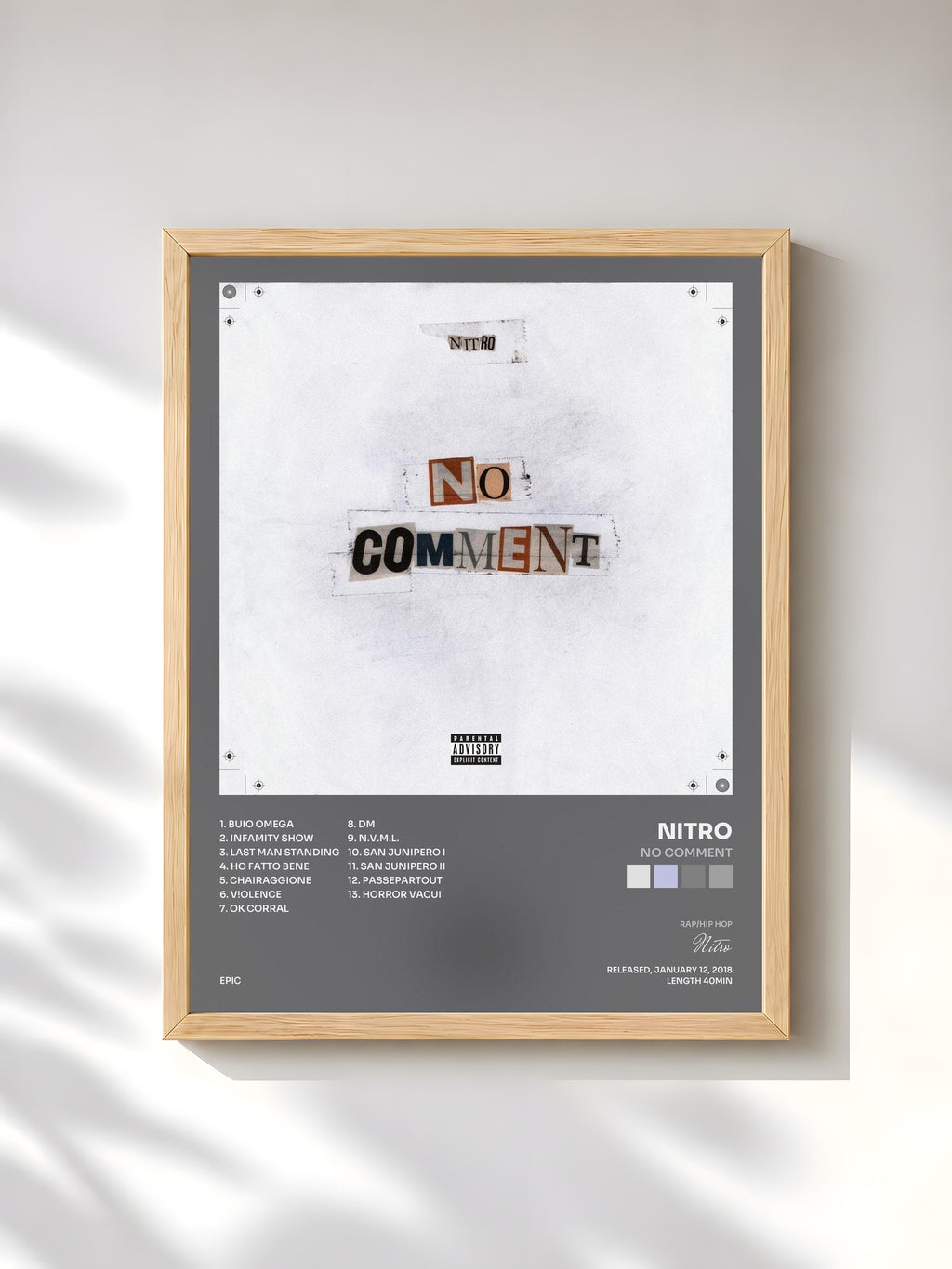 #bois Tableau de l'album No Comment de Nitro, cadre en bois brut, imprimé et encadré en France