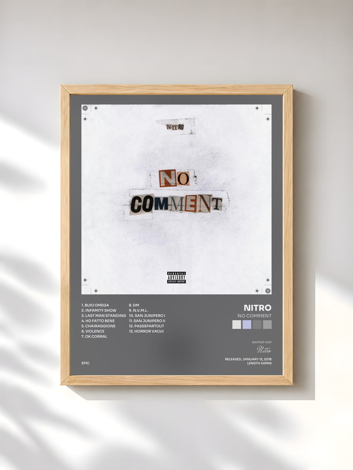 #bois Tableau de l'album No Comment de Nitro, cadre en bois brut, imprimé et encadré en France