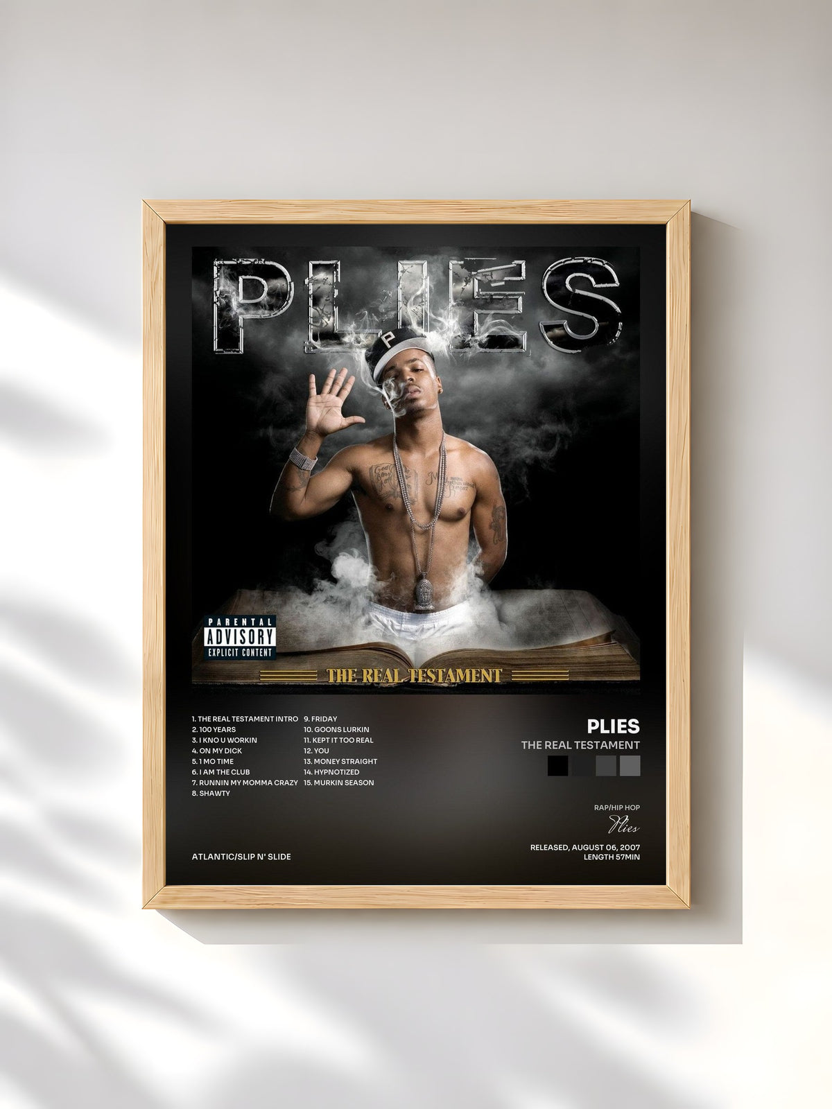 #bois Tableau de l'album The Real Testament de Plies, cadre en bois brut, imprimé et encadré en France