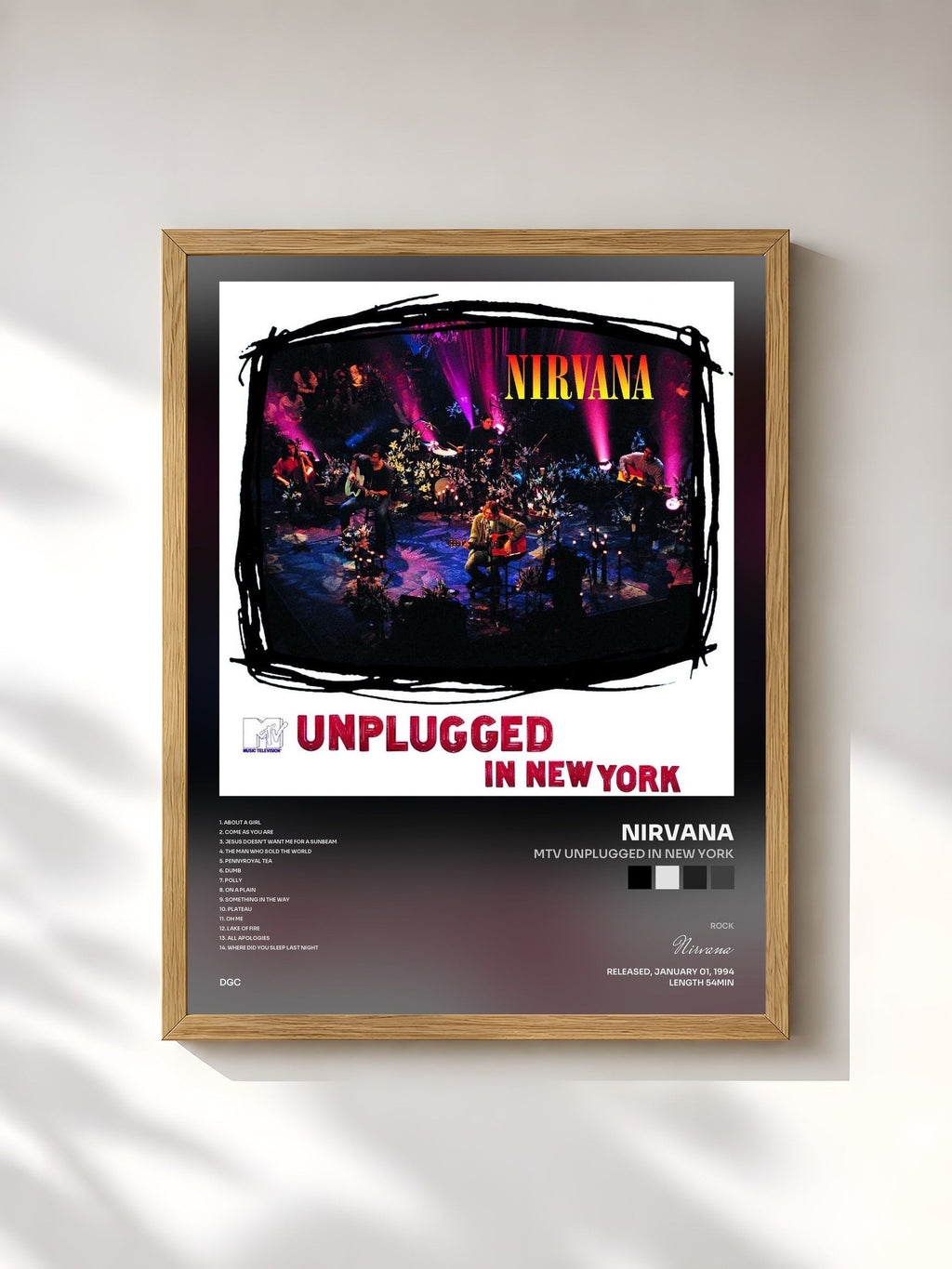 #bois Tableau de l'album MTV Unplugged In New York de Nirvana, cadre en bois brut, imprimé et encadré en France