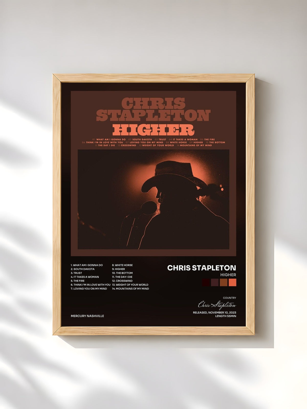 #bois Tableau de l'album Higher de Chris Stapleton, cadre en bois brut, imprimé et encadré en France