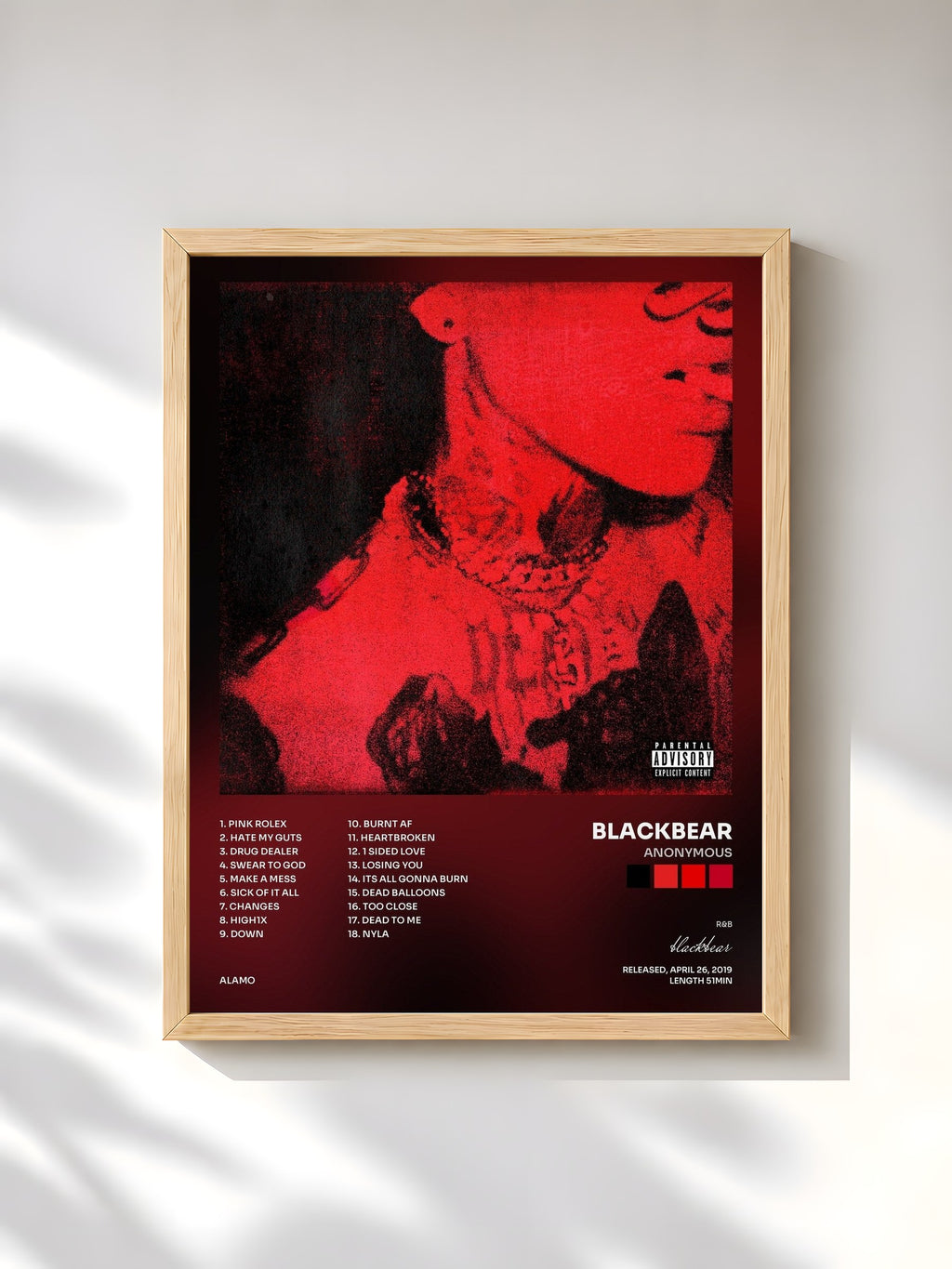 #bois Tableau de l'album ANONYMOUS de blackbear, cadre en bois brut, imprimé et encadré en France