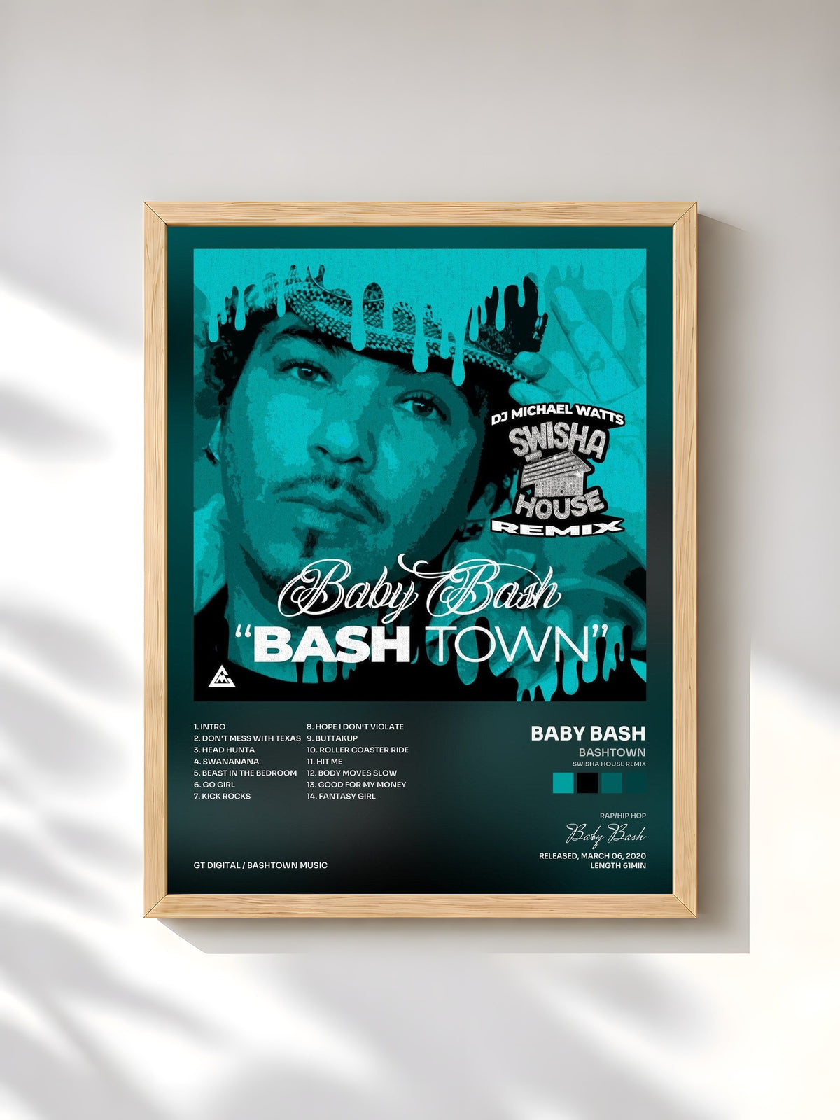 #bois Tableau de l'album Bashtown (Swisha House Remix) de Baby Bash, cadre en bois brut, imprimé et encadré en France