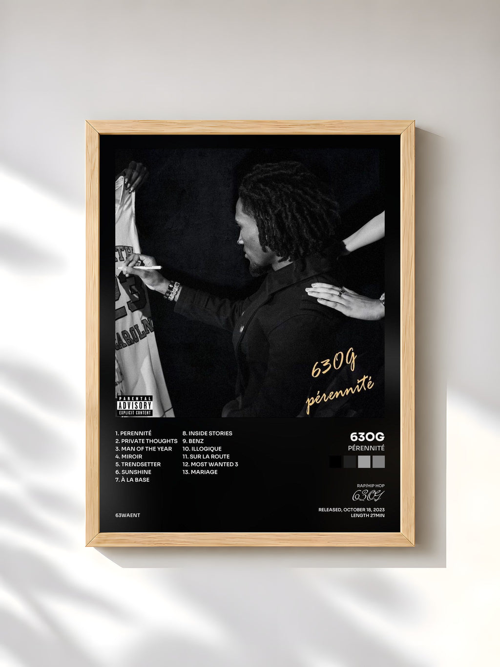 #bois Tableau de l'album Pérennité de 63OG, cadre en bois brut, imprimé et encadré en France