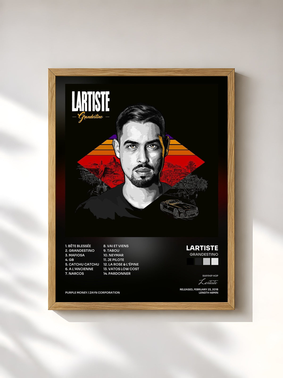 #bois Tableau de l'album Grandestino de Lartiste, cadre en bois brut, imprimé et encadré en France