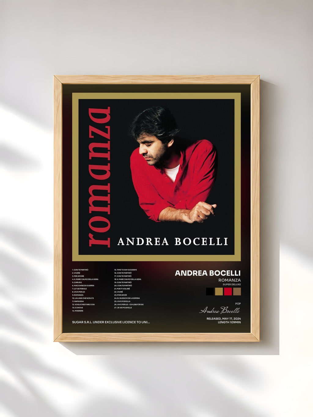 #bois Tableau de l'album Romanza (Super Deluxe) de Andrea Bocelli, cadre en bois brut, imprimé et encadré en France
