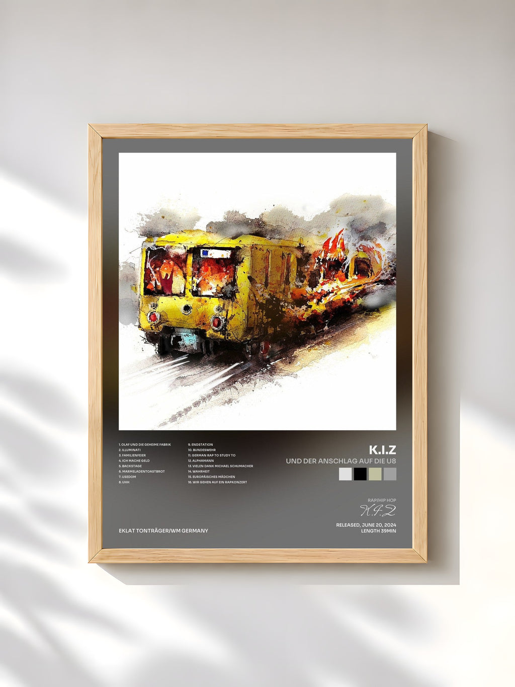 #bois Tableau de l'album Und der Anschlag auf die U8 de K.I.Z, cadre en bois brut, imprimé et encadré en France