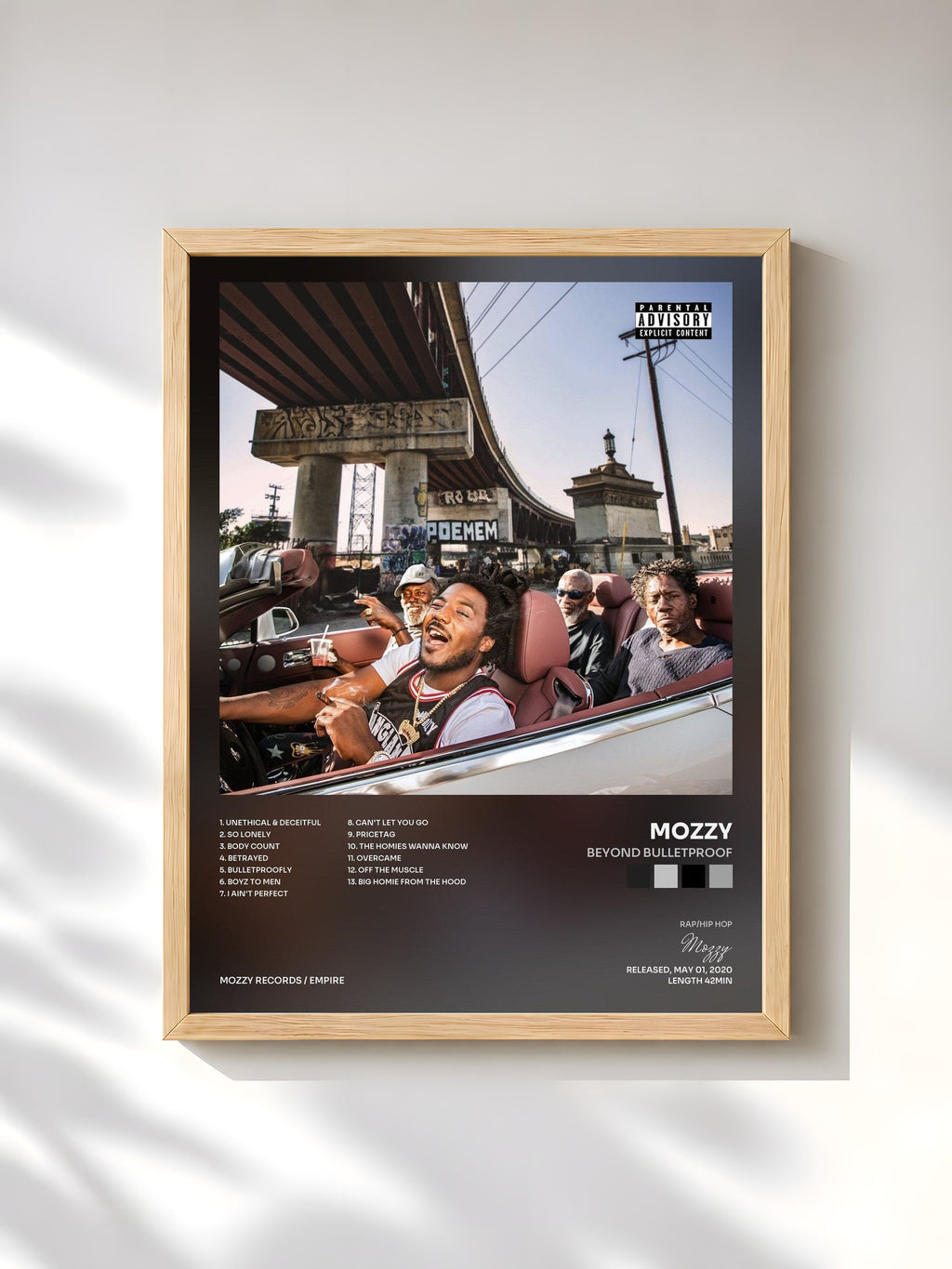 #bois Tableau de l'album Beyond Bulletproof de Mozzy, cadre en bois brut, imprimé et encadré en France