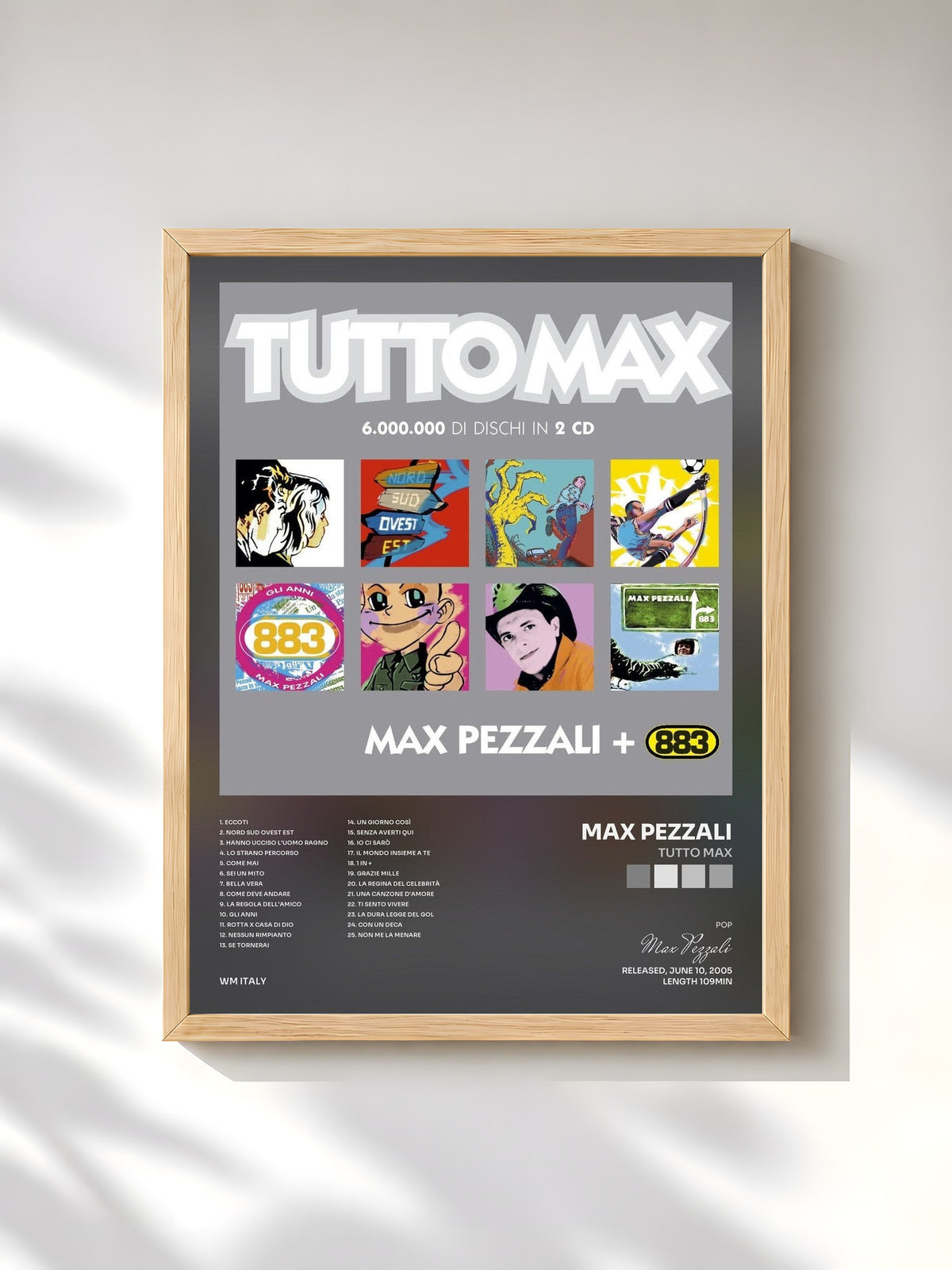 #bois Tableau de l'album Tutto Max de Max Pezzali, cadre en bois brut, imprimé et encadré en France