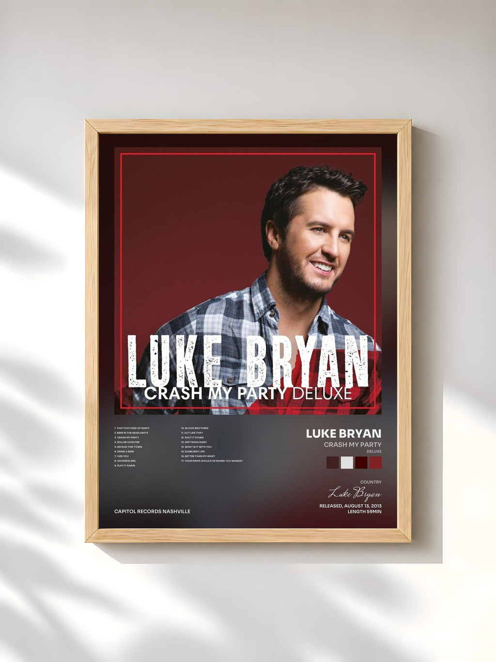 #bois Tableau de l'album Crash My Party (Deluxe) de Luke Bryan, cadre en bois brut, imprimé et encadré en France