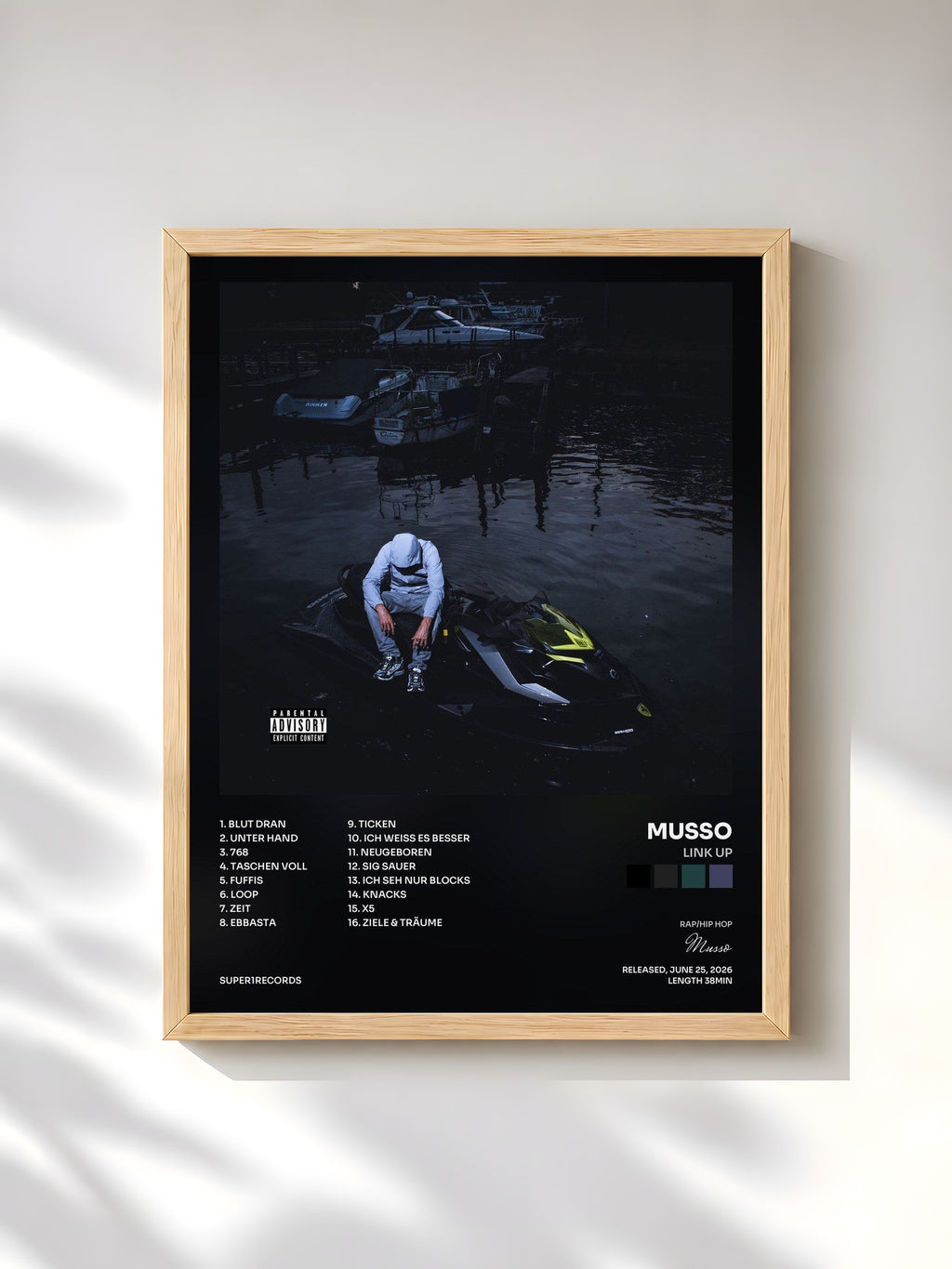 #bois Tableau de l'album LINK UP de Musso, cadre en bois brut, imprimé et encadré en France