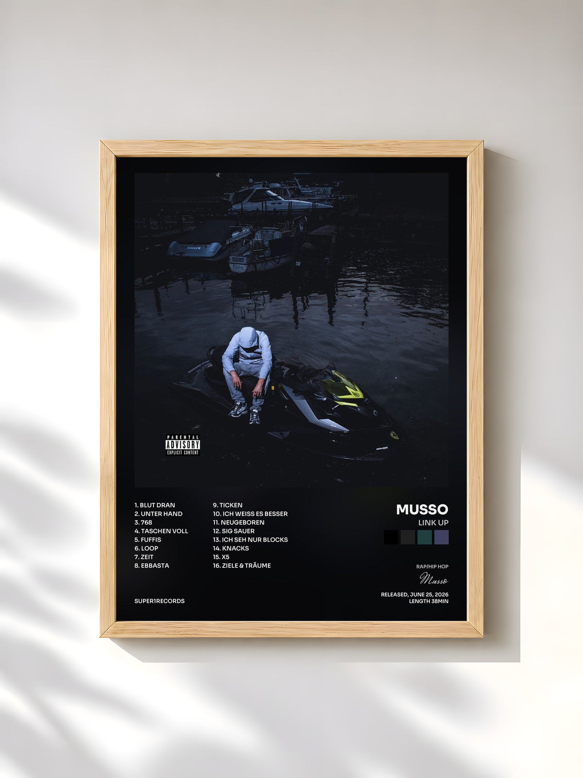 #bois Tableau de l'album LINK UP de Musso, cadre en bois brut, imprimé et encadré en France