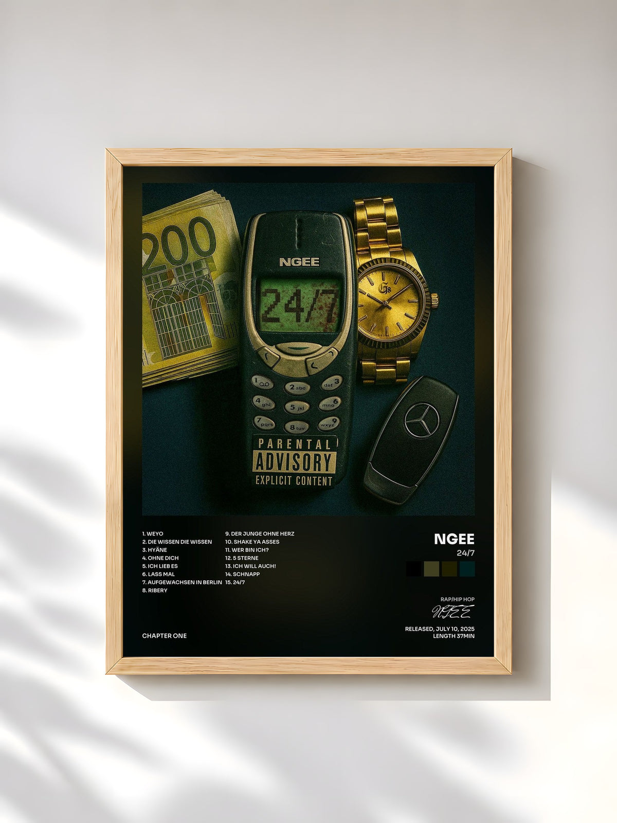 #bois Tableau de l'album 24/7 de NGEE, cadre en bois brut, imprimé et encadré en France
