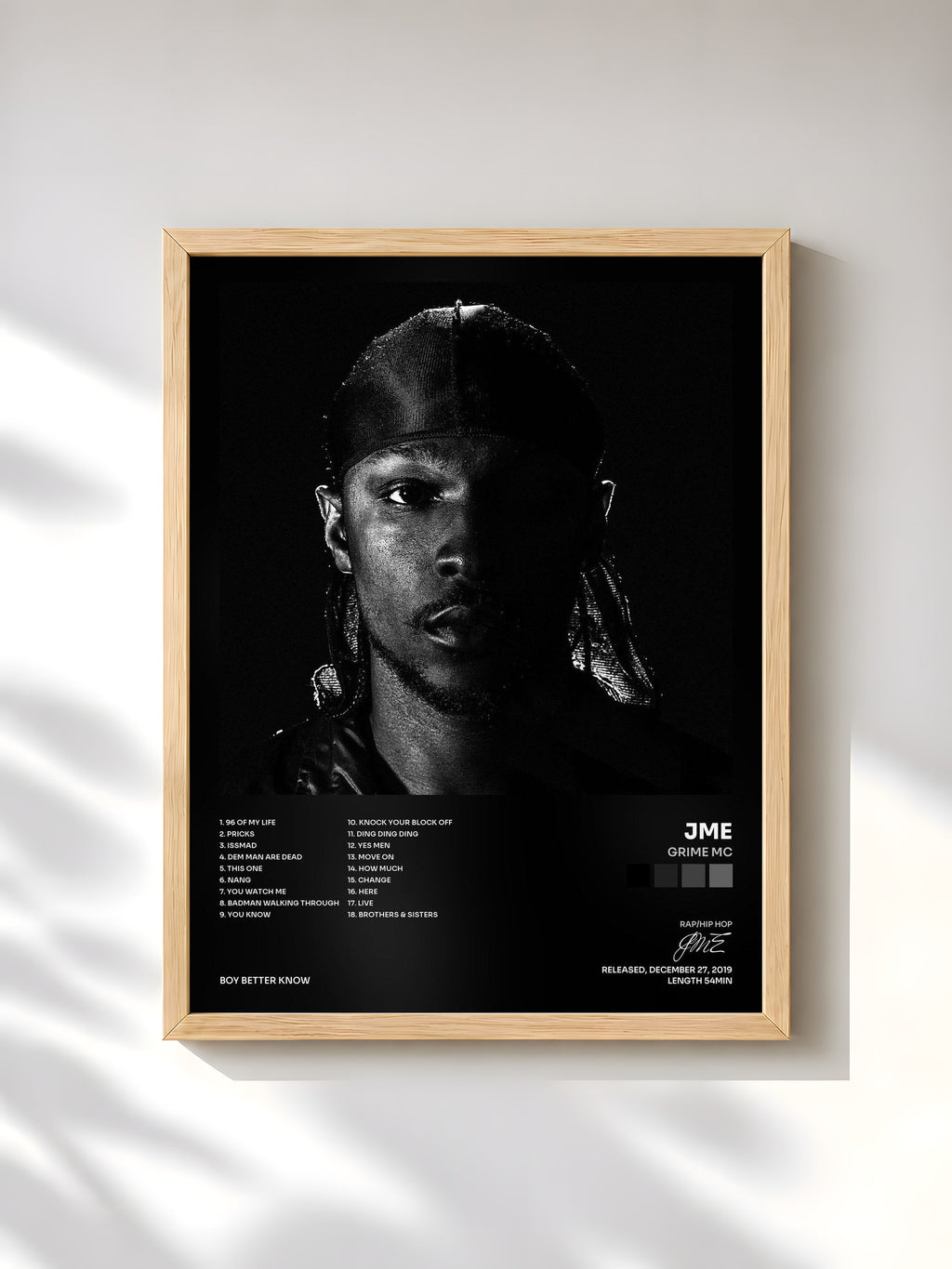 #bois Tableau de l'album Grime MC de JME, cadre en bois brut, imprimé et encadré en France
