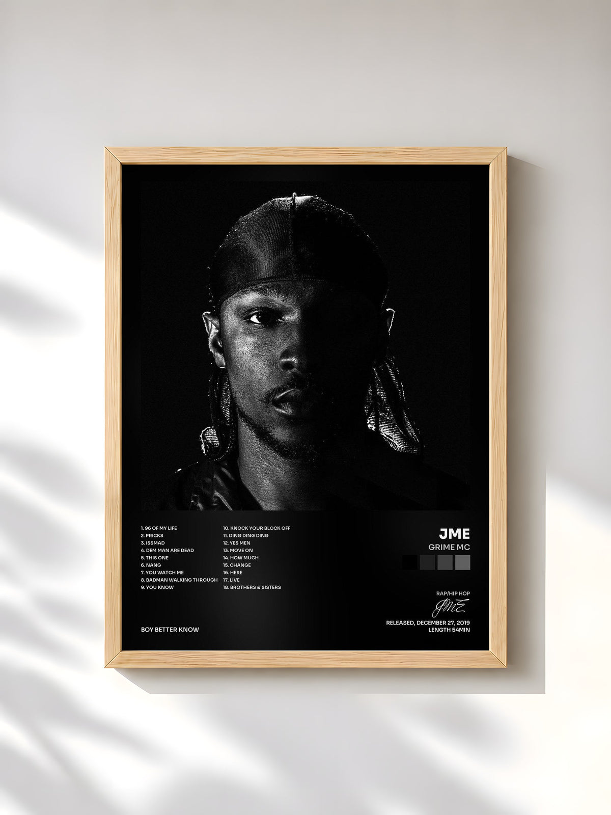 #bois Tableau de l'album Grime MC de JME, cadre en bois brut, imprimé et encadré en France