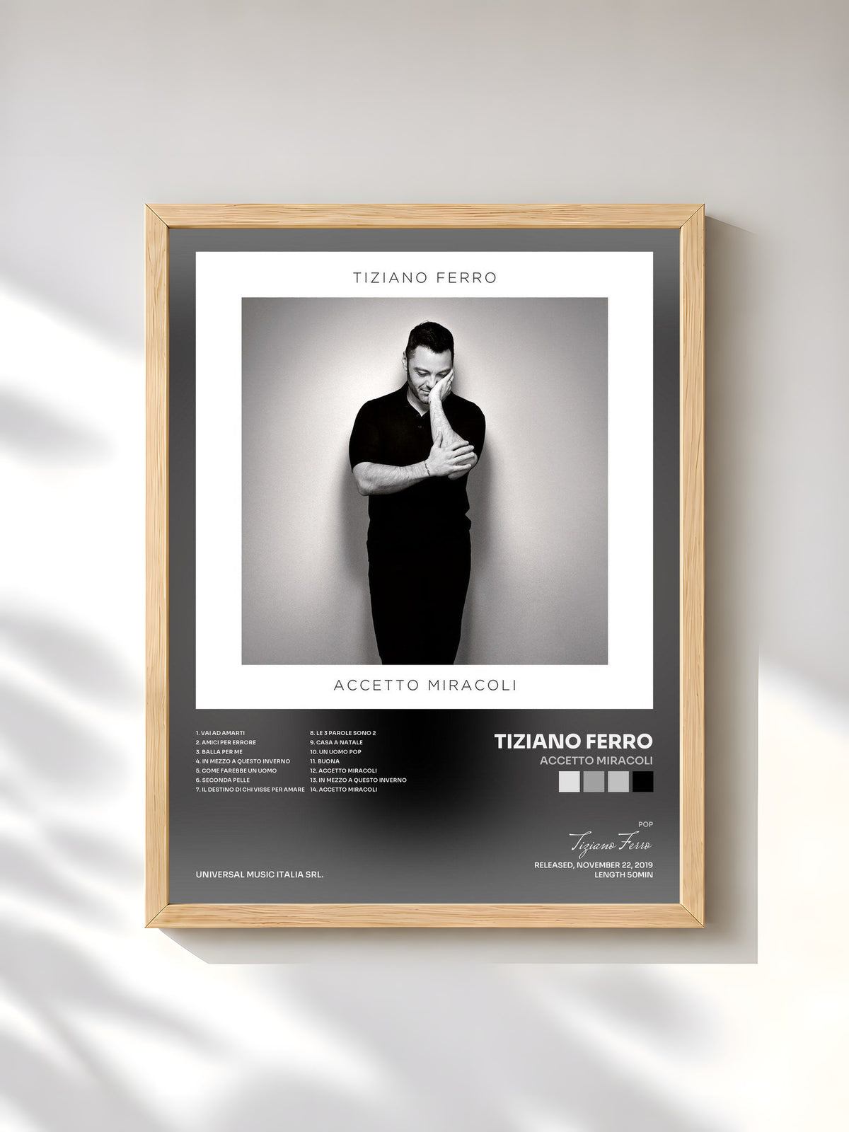 #bois Tableau de l'album Accetto Miracoli de Tiziano Ferro, cadre en bois brut, imprimé et encadré en France