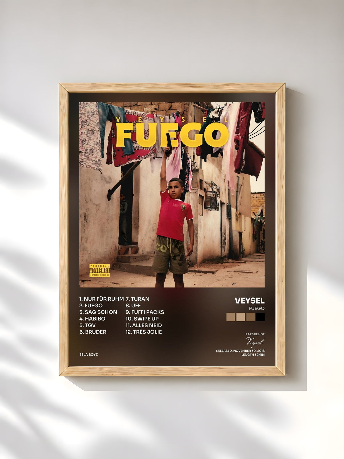 #bois Tableau de l'album Fuego de Veysel, cadre en bois brut, imprimé et encadré en France