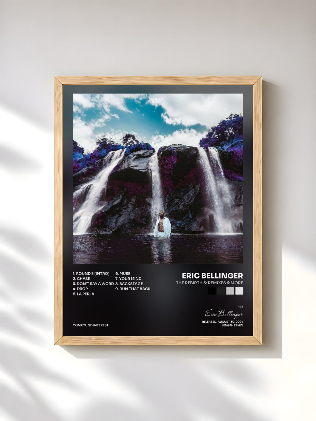 #bois Tableau de l'album The Rebirth 3: Remixes & More de Eric Bellinger, cadre en bois brut, imprimé et encadré en France