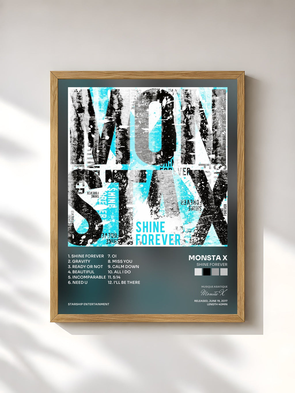 #bois Tableau de l'album SHINE FOREVER de Monsta X, cadre en bois brut, imprimé et encadré en France
