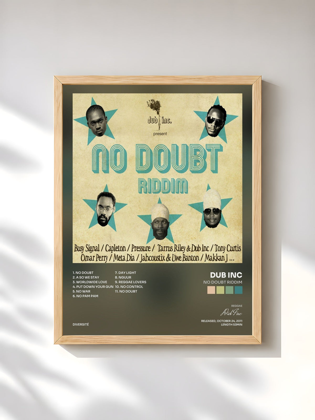 #bois Tableau de l'album No Doubt Riddim de Dub Inc, cadre en bois brut, imprimé et encadré en France