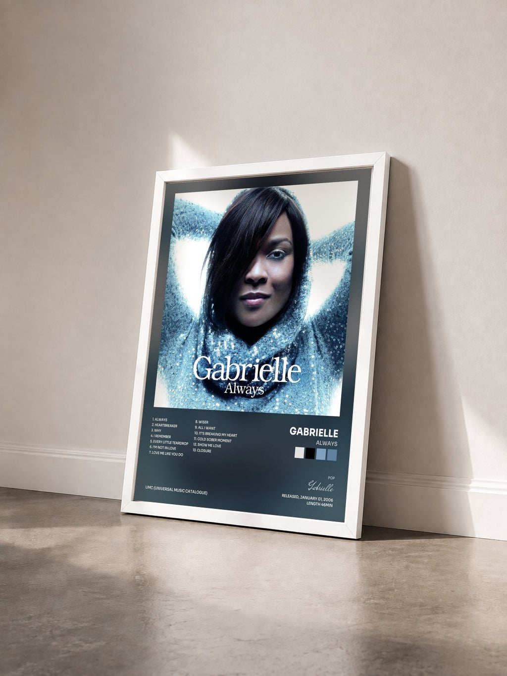 #blanc Tableau de l'album Always de Gabrielle vu de trois quarts, cadre blanc