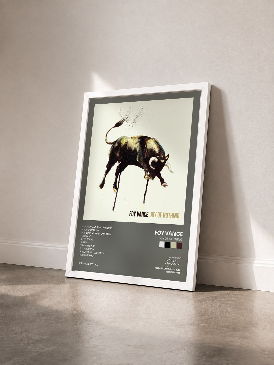 #blanc Tableau de l'album Joy Of Nothing de Foy Vance vu de trois quarts, cadre blanc