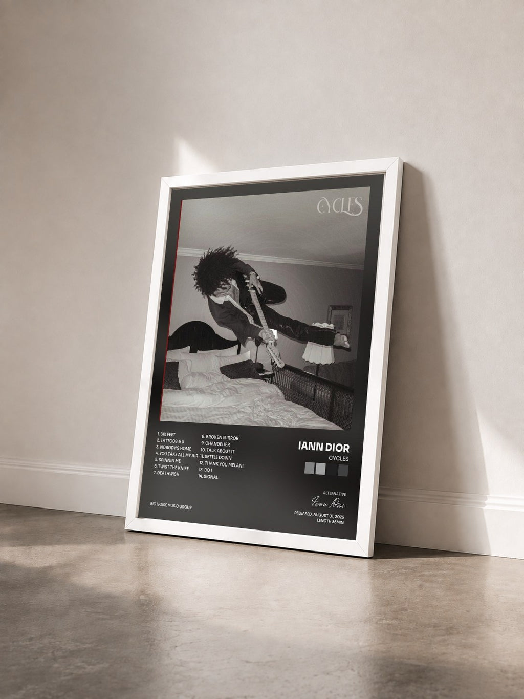 #blanc Tableau de l'album CYCLES de Iann Dior vu de trois quarts, cadre blanc