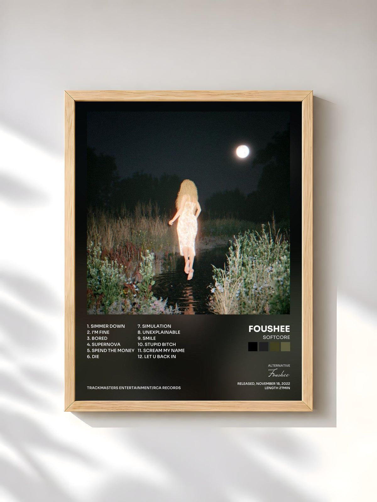 #bois Tableau de l'album softCORE de Foushee, cadre en bois brut, imprimé et encadré en France