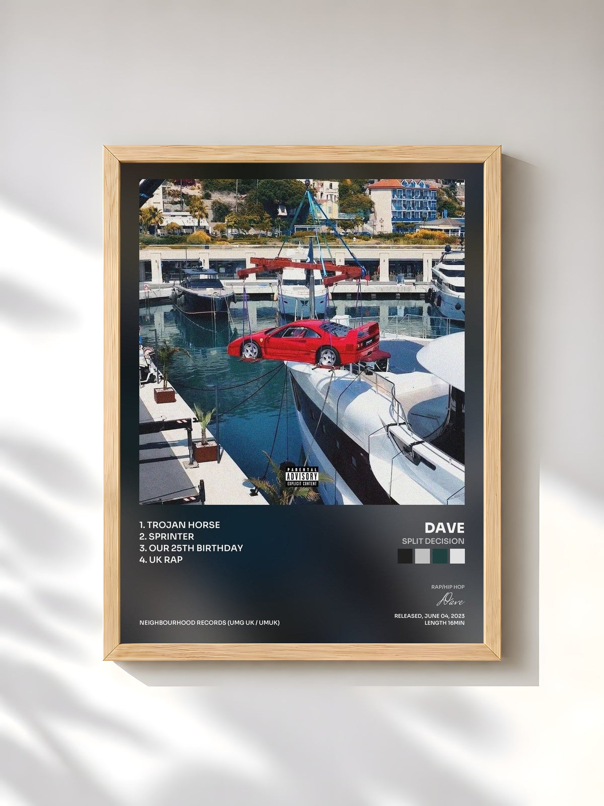 #bois Tableau de l'album Split Decision de Dave, cadre en bois brut, imprimé et encadré en France